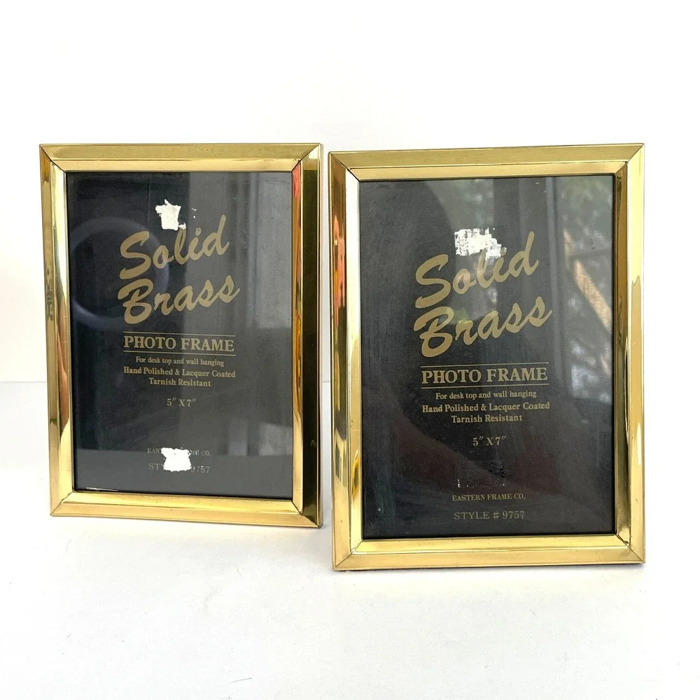 Vintage 90s Brass Frames Set of 2 Solid Brass 5x7 Photo Frames Gold Beveled